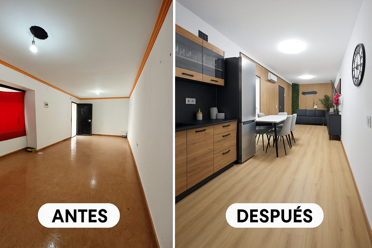 Reforma de un salon que muestra un antes y depues de la reforma